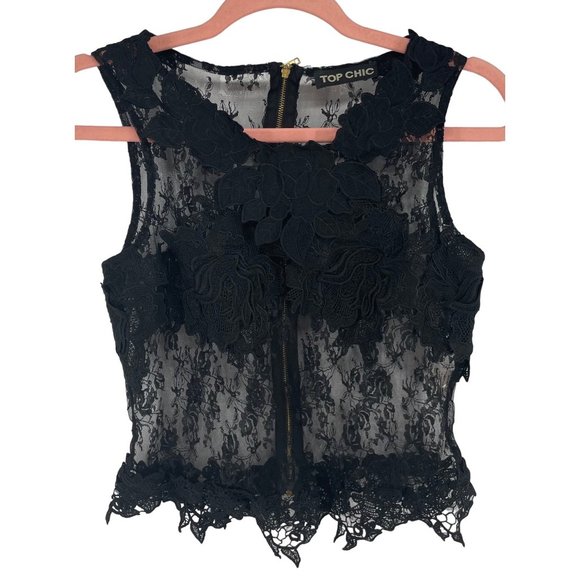 Top Chic Tops - Top Chic Women's Size Large Black Sleeveless See-Through Sheer Floral Lace Top
